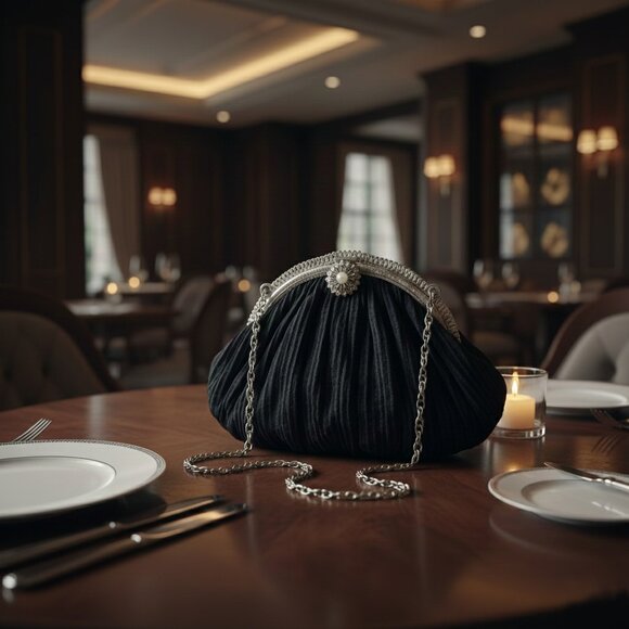 Vintage Pleated Evening Mini Bag Black Short Chain Elegant & Delicate - Picture 4 of 9